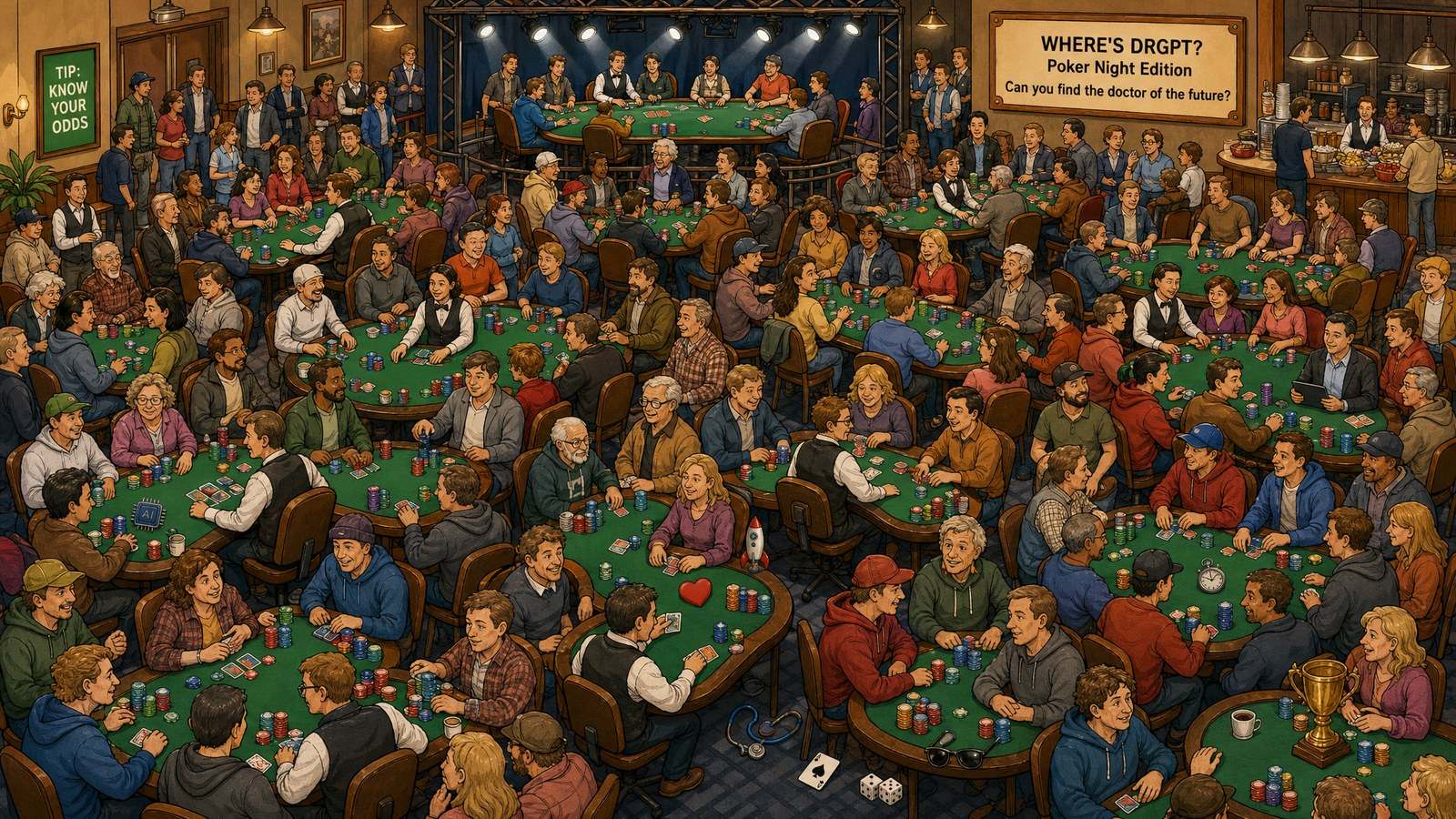 Hand-drawn hidden-object illustration of a lively poker room: dozens of green felt tables, dealers in vests, chip stacks and a lit tournament table. A sign reads "Where's DrGPT? Poker Night Edition" and a green sign reads "Tip: Know your odds."